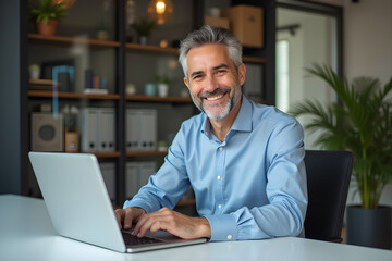 Smiling mature adult business man executive sitting at desk using laptop. Happy busy professional mid aged businessman ceo manager working on computer corporate technology in office