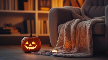 Wall Mural - Stylishly Simple Living Room with Single Pumpkin, Vintage Books, and Soft Armchair - Halloween Decor