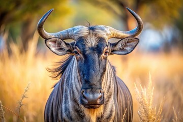 Closeup of blue wildebeest in bushveld during dry season