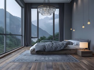 Wall Mural - A modern bedroom with wooden floors and gray walls, featuring a large bed with grey bedding, two side tables with lamps on each end of the room, and a window overlooking mountains.