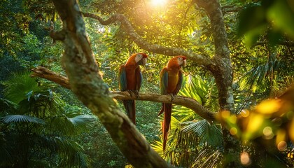 dos loros, observan el mundo moverse a su alrededor desde las altas ramas de un árbol