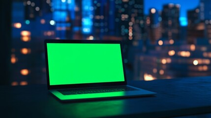 Sticker - Laptop with Green Screen on Table Against Blurred Night Cityscape - Office Design Mockup