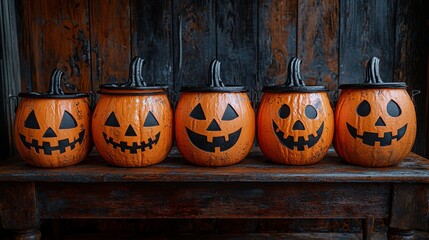 Wall Mural - Festive Lineup of Orange Pumpkin Buckets on Rustic Wooden Surface for Halloween