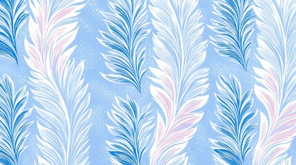 Poster -   A blue-pink wallpaper featuring leaves and flowers on a light blue background with a white border