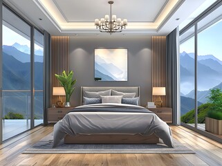 Wall Mural - A modern bedroom with wooden floors and gray walls, featuring a large bed with grey bedding, two side tables with lamps on each end of the room, and a window overlooking mountains.