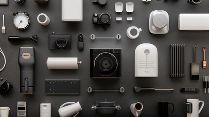 Assorted electronic gadgets and accessories on a dark background. Modern technology concept.