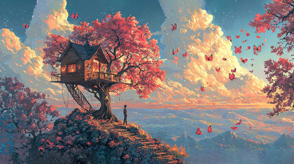 Poster -  A tree house sits atop a hill, with a man perched precariously on a nearby cliff