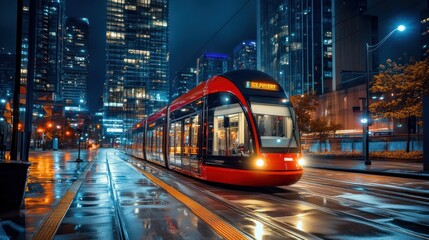 Modern Tram In A City At Night