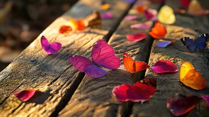 Poster -   A group of vibrant butterflies rests atop a wooden table alongside a mound of foliage