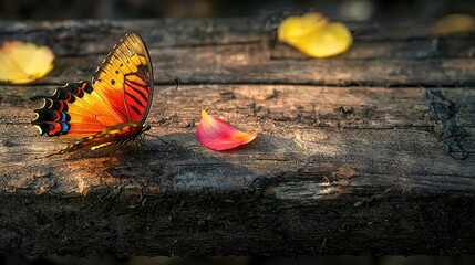 Sticker -   A macro shot of a butterfly perched on a wooden plank, with a nearby bloom framing the scene below