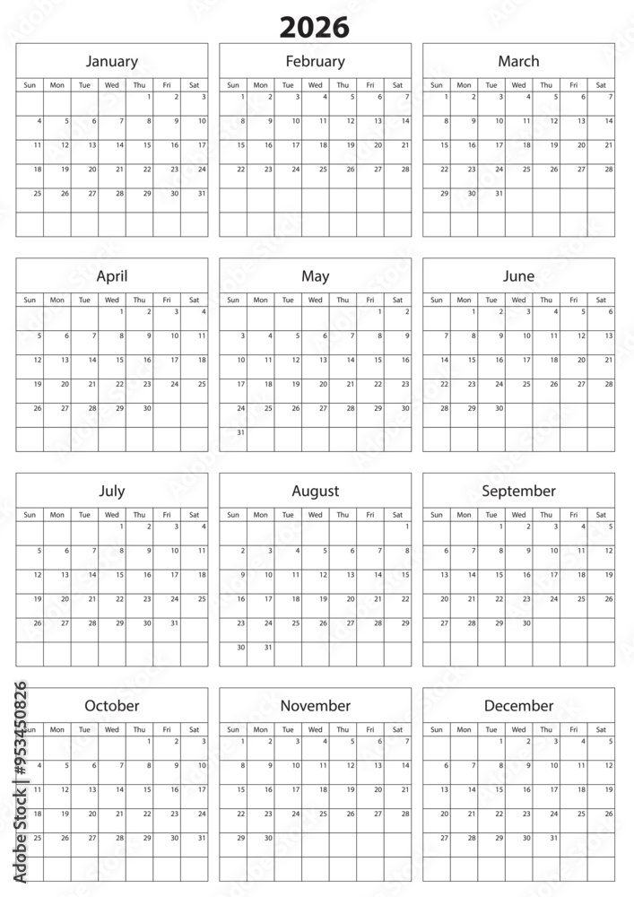 2026 Calendar Template. Vector calendar. Week starts sunday. Calendar ...