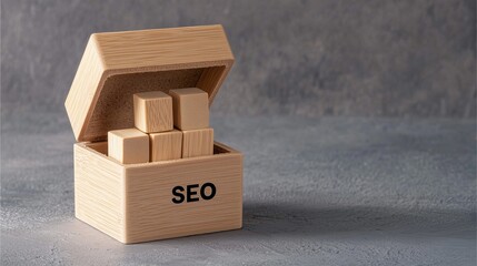 Business SEO Theme: SEO text on wooden cubes inside open box on gray background.