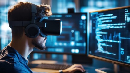 Man Wearing VR Headset in Front of Computer Screens