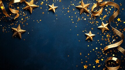 Poster - Christmas and New Year festive background. Golden stars and gilded ribbons on Navy blue background with copy space for text. The concept of Christmas and New Year holidays 