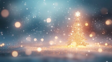 Poster - Abstract winter background featuring a blurred Christmas tree in a snowy landscape with a snowflake as a symbol of Christmas 