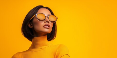 Woman in sunglasses against a vibrant orange background, modern anonymity concept.