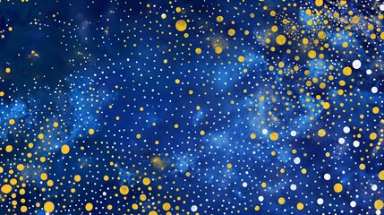 An abstract canvas with a stippling effect, using bright yellow and white dots on a deep blue background, resembling stars in the night sky.