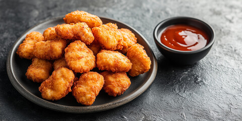 Pile of nuggets on a round plate, with a small bowl of sauce beside it