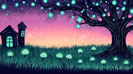 Wall Mural -   A nighttime painting of a tree and a house amidst a field, bathed in glowing lights from beneath, while a full moon graces the sky above