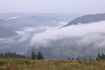 Sticker - Picturesque view of beautiful mountains covered with fog