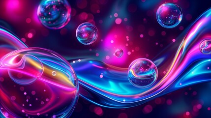 Wall Mural - An abstract design of swirling liquid in bright neon colors with large, floating bubbles, creating a dynamic and playful atmosphere.