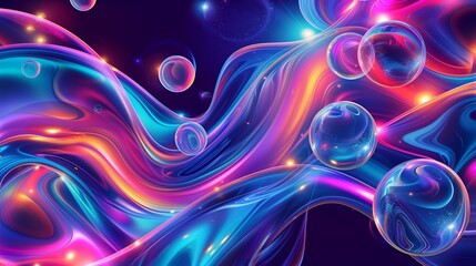 Wall Mural - An abstract design of swirling liquid in bright neon colors with large, floating bubbles, creating a dynamic and playful atmosphere.