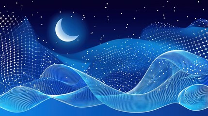 Wall Mural -   A night scene of waves and a crescent moon with stars