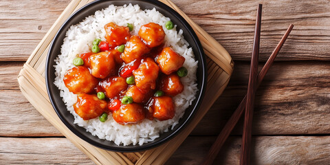 Close-up of sweet and sour chicken with steamed rice in background