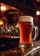 © Sanan - Mug of beer on a wooden table in a pub or bar. ai generative