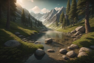 Beautiful fantasy landscape with a river in the mountains. ai generative