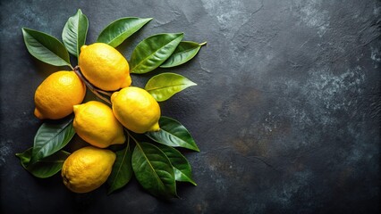 Wall Mural - Low angle view of lemons and leaves on dark background