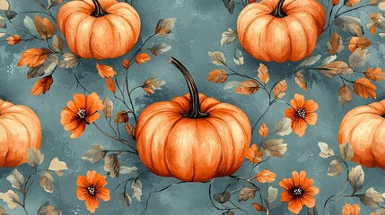 Poster -   A vibrant painting of pumpkins surrounded by verdant foliage on a sapphire canvas