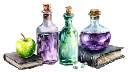 Watercolor Gothic Apothecary Bottles with Purple Potion, Green Apple, and Old Books in Acrylic Painting Style on White Background, High-Resolution Clipart for Halloween and Mystical Themes