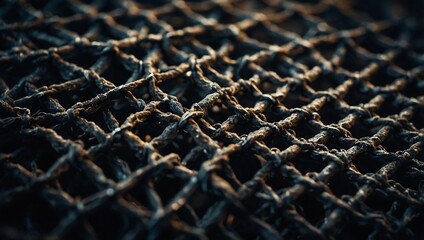 A close-up of an aged metal mesh with a mysterious, eerie feel.