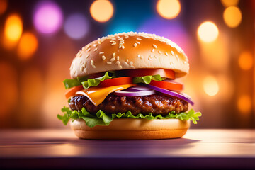 A delicious burger with a sesame seed bun, fresh lettuce, tomato, cheese, onion, and a juicy patty, set against a vibrant, glowing bokeh background.