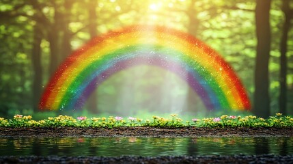 Poster -   Rainbow in the forest pond surrounded by flowers