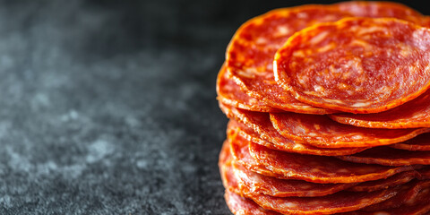 Stack of pepperoni slices layered on top of each other, showing the edges