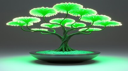 Wall Mural -   A glowing tree in a green grass bowl on a gray background