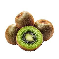 Canvas Print - A cluster of kiwis with one halved, showing bright green flesh and black seeds on a clean backdrop, group of kiwi fruits isolated transparent background