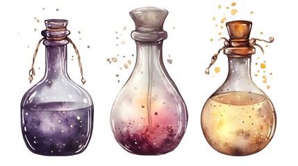 Elegant Fantasy Potion Bottles in Faded Dark Purple and Beige Colors, Illustrated in Watercolor with Magical Lighting, Highly Detailed and Isolated, Perfect for Halloween and Mystical Themes