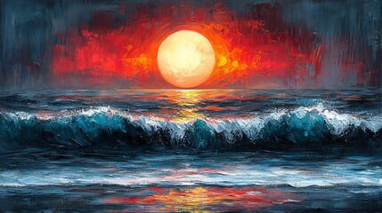 Poster -   A stunning sunset painting depicts an orange orb of light in the center of the sky over a tranquil body of water