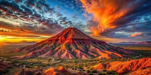 Red mountain with sunset in background aerial view