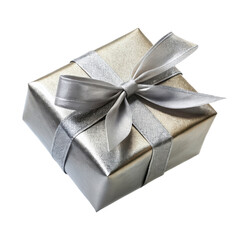 Elegant silver gift box wrapped with a satin ribbon bow, perfect for special occasions, celebrations, and luxurious gifts. Isolated on transparent background, png.