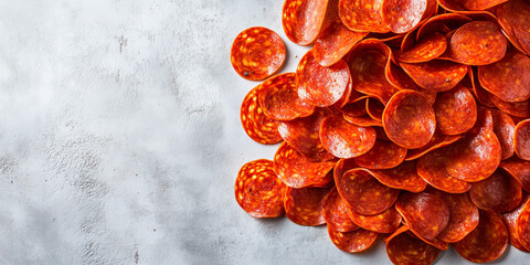 Pile of overlapping pepperoni slices forming a mound on a flat surface