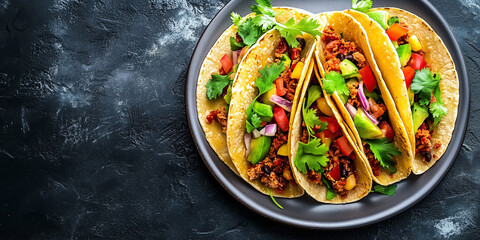 Serving of tacos with fillings spilling slightly from the folded tortillas, on a round plate