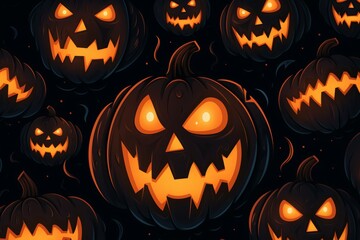 Seamless vector pattern of creepy jack o  lanterns in retro funky style for halloween decor