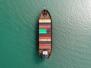 Aerial view of a cargo ship at sea, with colorful containers arranged in rows, navigating through calm green waters.