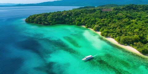 Aerial view of a tropical island with turquoise waters, green forest, and a boat near the sandy shore.