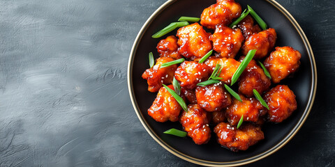 Sweet and sour chicken pieces arranged on a plate with green onions