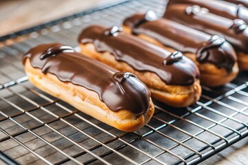 Freshly Baked Chocolate Éclairs on a Cooling Rack. A close-up shot of delicious, freshly baked chocolate éclairs cooling on a wire rack. Perfect for a sweet treat or a special occasion.